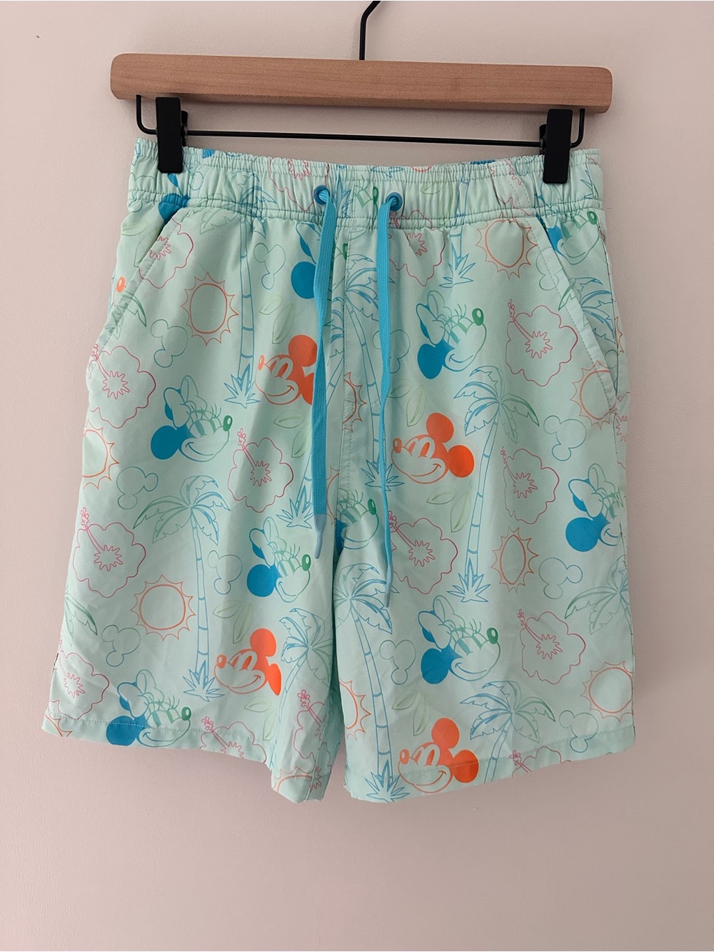 Disney Men’s Light Mint Blue Athletic Shorts with Orange & Blue Mickey Print